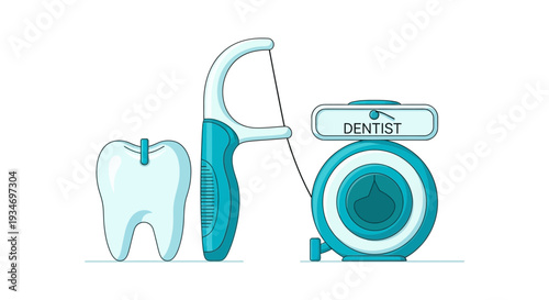 Dental Hygiene Essentials: Tooth, Floss Pick, and Dental Floss Illustrative Design