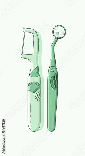 Dental Hygiene Essentials: Minimalist Illustration of Floss Pick and Dentist's Mirror