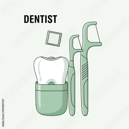 Dental Hygiene Essentials: Tooth, Flossers, and Protective Case, Illustrated in a Minimalist Style