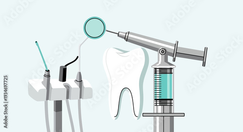 Dental Illustration Depicting Tools and A Healthy Tooth on A Light Blue Background
