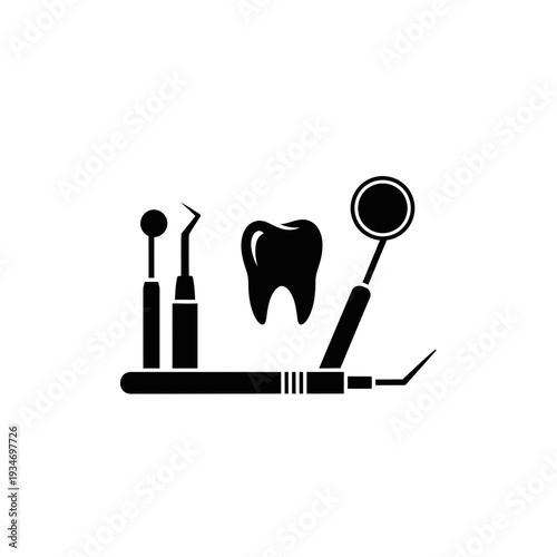 Dental Instrument Arrangement: Clean, Concise Black Silhouette on a Pure White Background