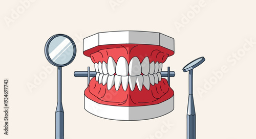 Dental Illustration: Detailed Representation of Teeth with Instruments for Dental Procedures