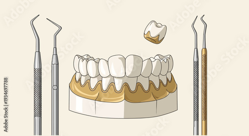 Dental Illustration Of Teeth With Tools Depicting Oral Health And Dentistry