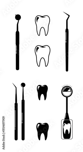 Dental Instrument Array: Minimalist Black And White Illustration Showcasing Healthy Teeth And Tools