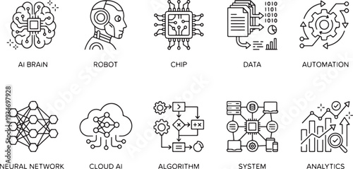 AI brain robot chip data automation neural network cloud system analytics flat design vector illustration