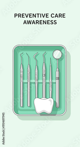 Dental Instrument Array with Tooth in Tray, Showcasing Preventive Oral Healthcare Strategies