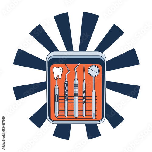 Dental Instrument Array Within Abstract Sunburst Illustration Suitable For Healthcare Branding