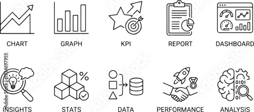 Business analytics and performance dashboard icons set flat design vector illustration