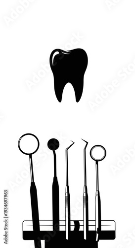 Dental Instrument Array, Teeth Silhouette, Oral Hygiene Concept, Pristine Dental Health Elements