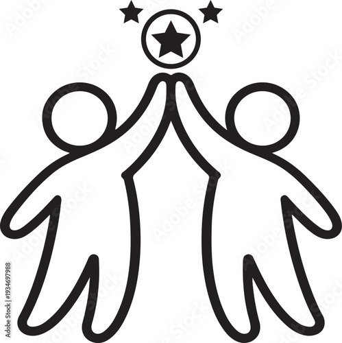 Teamwork High Five Success Icon with Star – Partnership, Achievement and Collaboration Line Vector