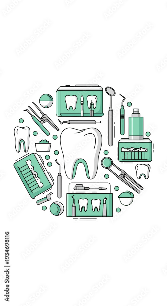 Naklejka premium Dental Instrument Illustration: Modern Dentist Tools and Teeth Imagery in Vector Design