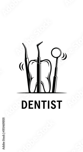Dental Instrument Illustration Featuring Tooth and Dentist Logo for Healthcare Visuals