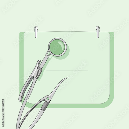 Dental Instrument Illustration on Green Background with Examination Tools and Paper for Medical