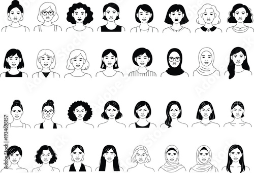 Minimalist Women Character Avatar Set for UI Profiles, App Design and Diverse Female Representation in Digital Platforms
