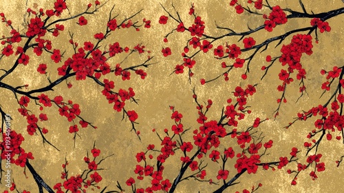 Red cherry blossoms on textured gold background