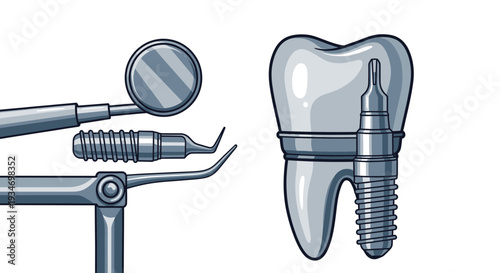 Dental Instruments And Implant Tooth Vector Illustration On White Background