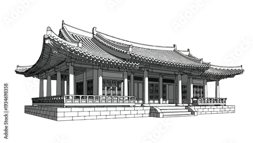 A traditional Asian-style building with a tiled roof and columns on a raised platform against a clean white background.