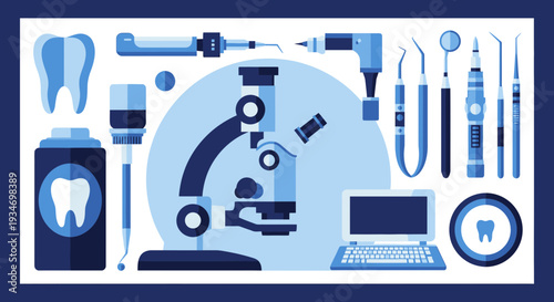 Dental Instruments And Microscope Illustration: Healthcare Equipment, Modern Dentistry Design