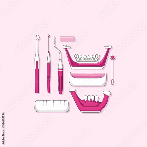 Dental Instruments And Oral Health Equipment Displayed On A Pink Backdrop, Flat Illustration