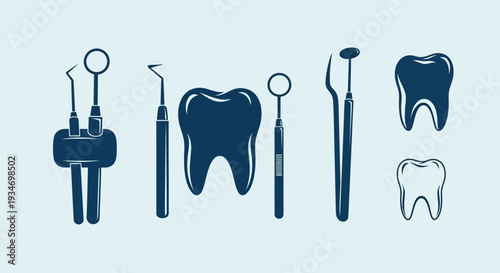 Dental Instruments And Teeth In Blue Silhouette On Light Background With Minimalist Design