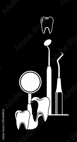 Dental Instruments And Teeth Representing Oral Healthcare And Modern Dentistry Procedures