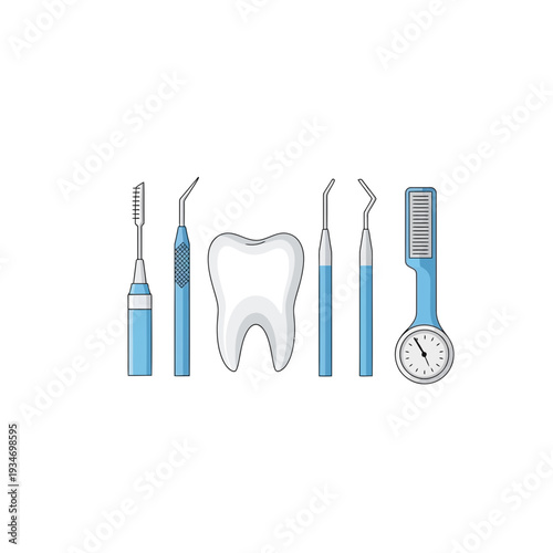 Dental Instruments And Tooth Representing Healthcare And Hygiene Procedures, Isolated On White