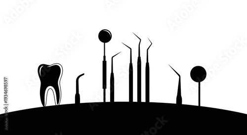 Dental Instruments And Tooth Silhouette Design With Medical Tools For Healthcare Treatment