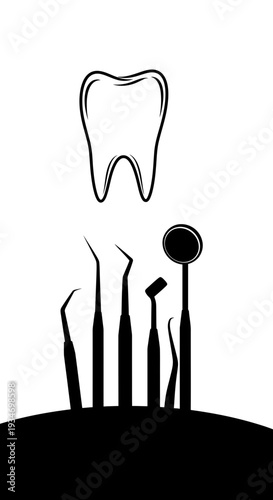Dental Instruments And Tooth Silhouette Representing Oral Health And Medical Treatment