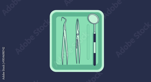 Dental Instruments Arranged on a Tray with Minimalist Design and Serene Green Tones