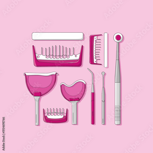 Dental Instruments Arranged on Pink, Medical Tools, Healthcare Equipment, and Oral Hygiene