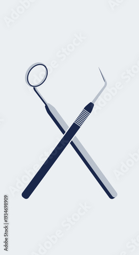 Dental Instruments Illustration: A Crossed View of Mirror and Probe for Oral Examination