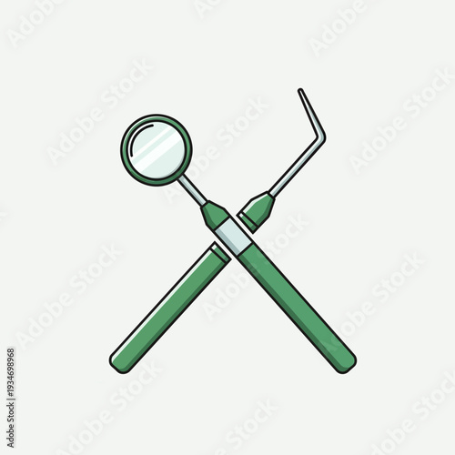 Dental Instruments Illustration: Crossed Explorer And Mirror, Modern Orthodontic Tools, Healthcare