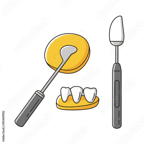 Dental Instruments Illustration Featuring Mirror, Probe, and Tooth Model for Healthcare Purposes