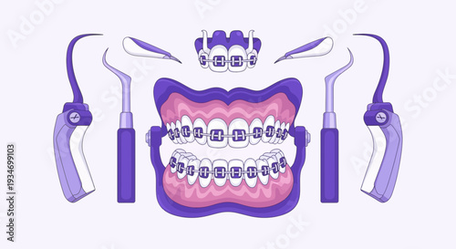 Dental Orthodontic Tools and Braces Illustration, Featuring Oral Hygiene Instruments