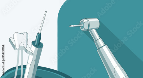 Dental Instruments Illustration Featuring Tooth Drill and Dental Tools in Clear Style