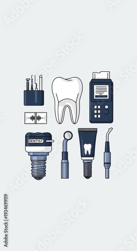 Dental Instruments Illustration Featuring Tooth, Tools, And Technological Devices, For Healthcare