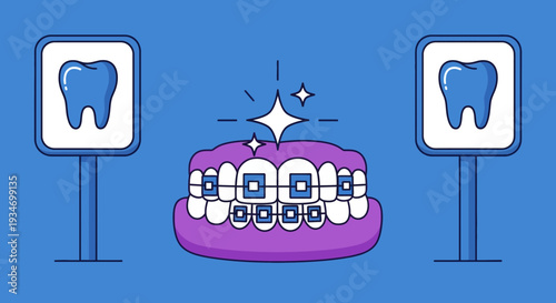 Dental Orthodontic Treatment Illustration with Teeth, Braces, and Signage in Blue