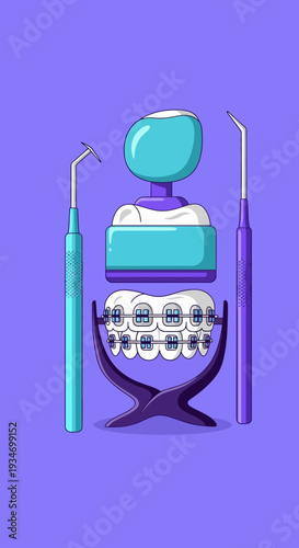 Dental Orthodontics Illustration: Artistic Depiction Of Braces, Tools, And Teeth For Healthcare