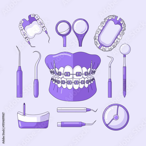 Dental Orthodontics Illustration: Medical Tools and Equipment for Teeth Alignment and Care
