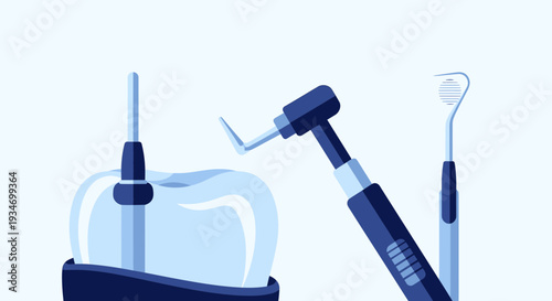 Dental Procedures and Tools Depicted in a Modern Flat Design Illustration