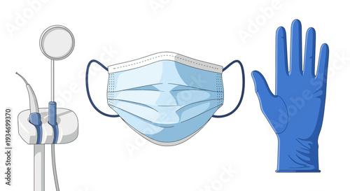 Dental Procedures and Protection: Medical Tools and Protective Gear Illustration