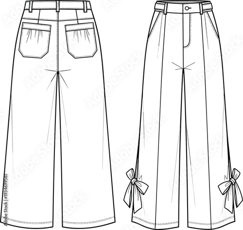 Women's Wide Leg Trousers with Side Bow Details Technical Flat Fashion Sketch, High Waisted Pants Vector Illustration, Cad Drawing Flat Vector Illustration