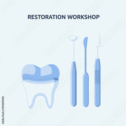 Dental Restoration Workshop: Illustration Featuring Tooth and Dentist Tools for Health Concept