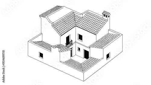 A detailed isometric line drawing of a white house with a tiled roof and multiple balconies against a plain white background.