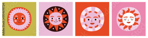 Sun face children doodle colorful illustration card set. Spring or summer solar symbol, 60s 70s cartoon retro character. Fashionable modern vintage bright picture for decoration, nursery, book cover.