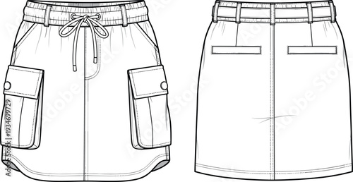 Women's Casual Cargo Mini Skirt Technical Flat Fashion Sketch with Drawstring Waist and Utility Pockets, Cad Drawing Flat Vector Illustration for Design