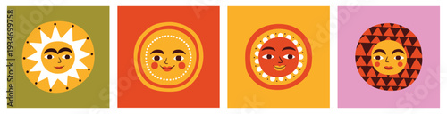 Sun face children doodle colorful illustration card set. Spring or summer solar symbol, 70s 60s cartoon retro character. Fashionable modern vintage bright picture for decoration, nursery, book cover.