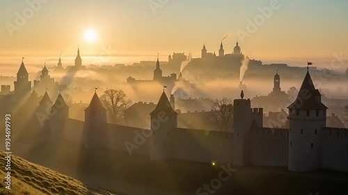 medieval castle at sunrise with fog