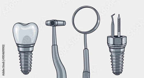 Dental Tools Illustration Featuring Tooth Implant, Mirror, and Specialized Instruments