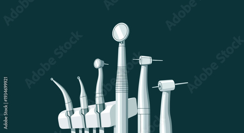 Dental Tools Illustration On A Deep Green Background, Modern Medical Illustration